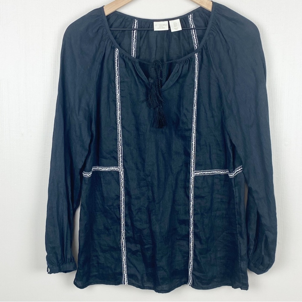 St Tropez West Shirt Womens Small Black Linen V-Neck Tassel Top Embroidered